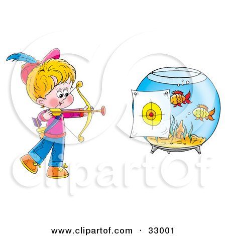 Clipart Illustration of a Little Archer Boy Aiming At A Target On A Fish Bowl by Alex Bannykh