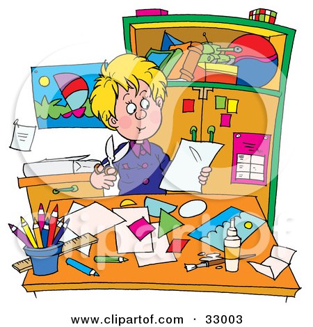 Clipart Illustration of a Blond Teen Boy Sitting At A Desk And Cutting Out Shapes by Alex Bannykh