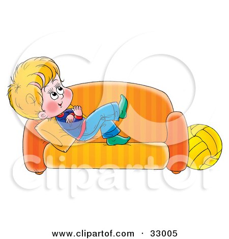 Clipart Illustration of a Happy Blond Boy Relaxing And Day Dreaming On An Orange Couch by Alex Bannykh