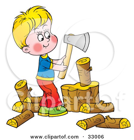 Clipart Illustration of a Little Blond Boy Chopping Wood With An Ax by Alex Bannykh