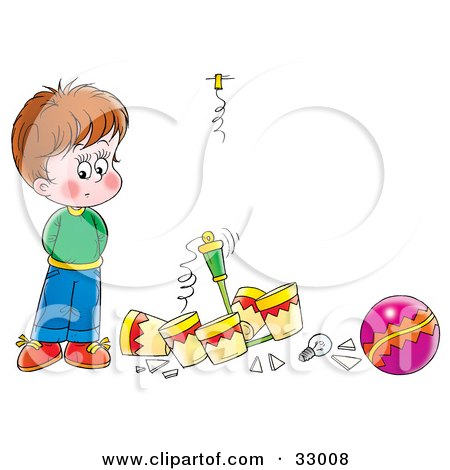 Clipart Illustration of a Nervous Boy Standing By A Light He Broke By Playing With A Ball Inside by Alex Bannykh