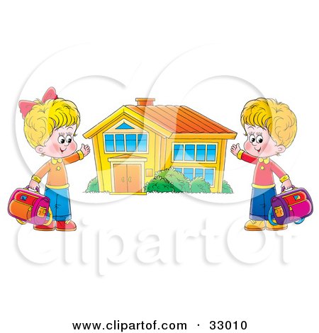 Clipart Illustration of a Boy And Girl Holding Their Bags And Presenting Their School Building by Alex Bannykh