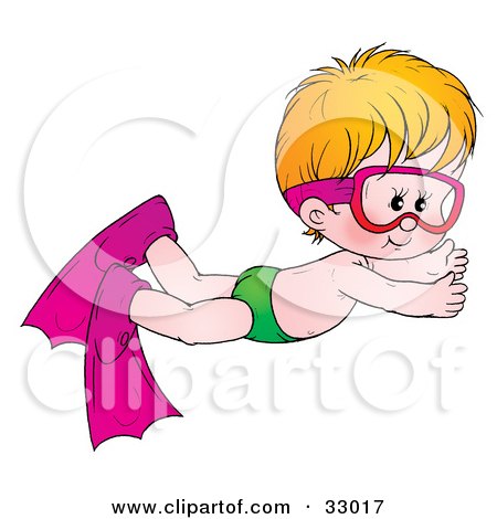 Clipart Illustration of a Little Blond Boy Swimming Underwater With Fins And A Mask by Alex Bannykh