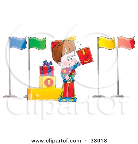 Clipart Illustration of a Proud First Place Boy Showing Off His Plaque by Alex Bannykh