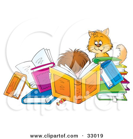 Clipart Illustration of a Cat Watching A Boy Reading A Book Intently by Alex Bannykh