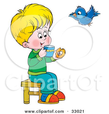 Clipart Illustration of a Little Blond Boy Sipping Tea And Eating A Donut, A Bird Flying By by Alex Bannykh