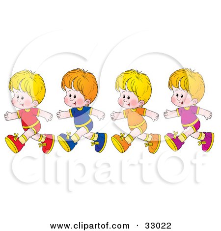 Clipart Illustration of Four Blond Boys Running In A Line by Alex Bannykh