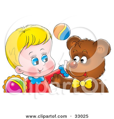 Clipart Illustration of a Happy Boy And Bear Hugging by Alex Bannykh