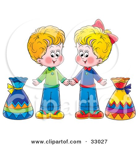 Clipart Illustration of a Little Boy And Girl Holding Hands And Standing With Bags by Alex Bannykh