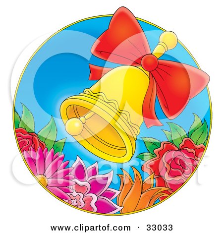 Clipart Illustration of a Ringing Golden Bell With A Red Bow, Over Colorful Flowers On A Blue Circle by Alex Bannykh