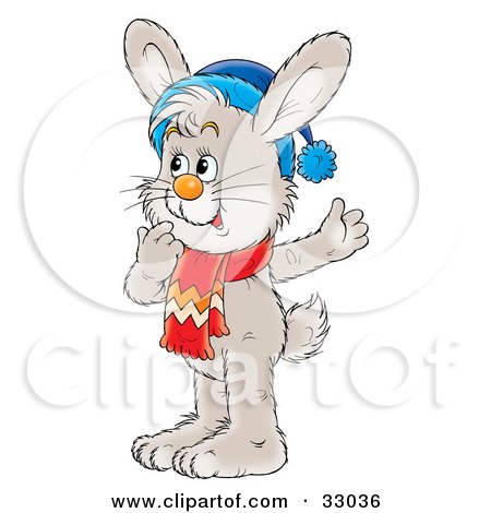 Clipart Illustration of a Gray Bunny Wearing A Blue Hat And Red Scarf, Touching His Chin And Thinking by Alex Bannykh