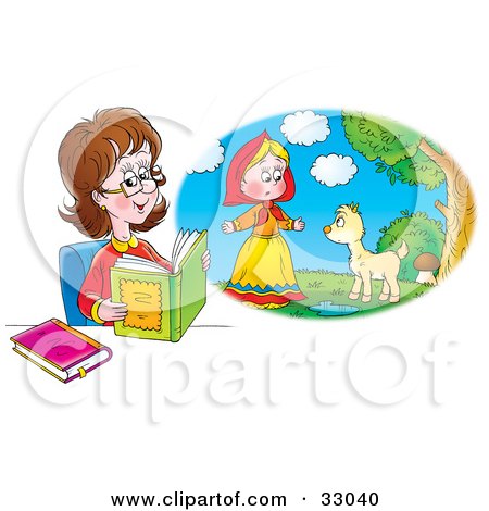 Clipart Illustration of a Woman Reading A Book And Imagining That She Is In The Story by Alex Bannykh