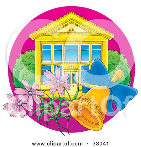 Clipart Illustration of a Ringing Bell And Pink Flowers In Front Of A School Building With Blue Windows by Alex Bannykh