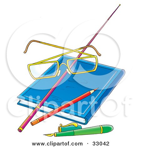 Clipart Illustration of a Teacher's Glasses Resting On A Pointer Stick On A Book, With A Pencil And Pen by Alex Bannykh