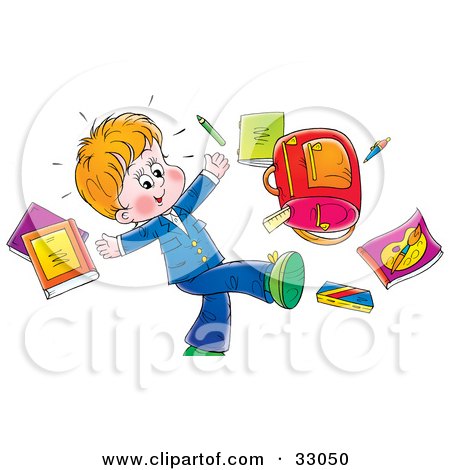 Clipart Illustration of a Happy Little Boy Tossing His School Supplies Into The Air by Alex Bannykh