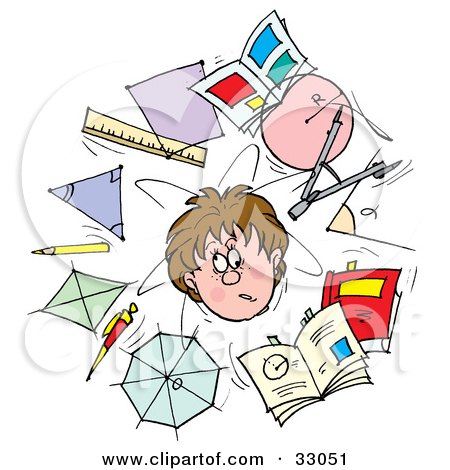 Clipart Illustration of a Confused School Boy Surrounded By Shapes, Rulers, Pencils And Books by Alex Bannykh