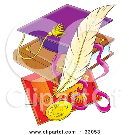 Clipart Illustration of a Purple Graduation Cap On A Book Over A Plaque With A Feather by Alex Bannykh