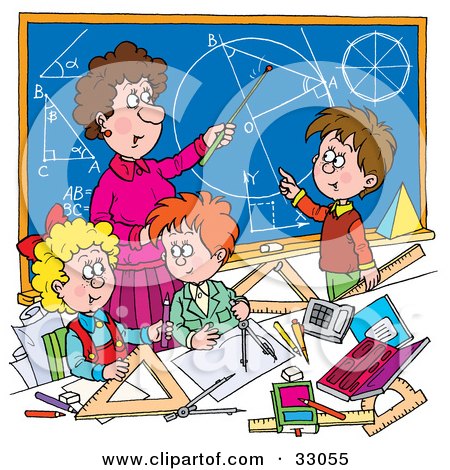 Clipart Illustration of a Female Math Teacher Teaching School Students Geometry And Algebra by Alex Bannykh