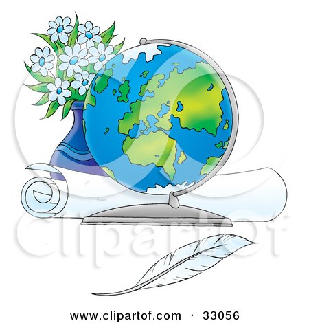 Clipart Illustration of a Globe On A Table In Front Of A Rolled Map, Vase Of Flowers And A Feather by Alex Bannykh