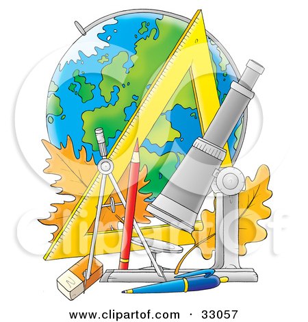 Clipart Illustration of a Telescope, Pencil, Pen, Eraser, Ruler, Compass And Leaves In Front Of A Globe by Alex Bannykh