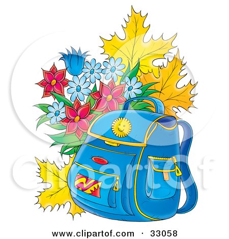Clipart Illustration of a Blue Backpack Resting In Front Of Autumn Leaves And A Bouquet Of Flowers by Alex Bannykh
