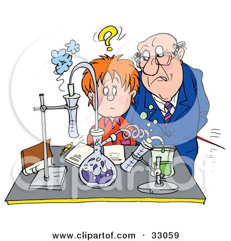 Clipart Illustration of a Stern Science Teacher Staring At A Confused School Boy In A Science Lab by Alex Bannykh