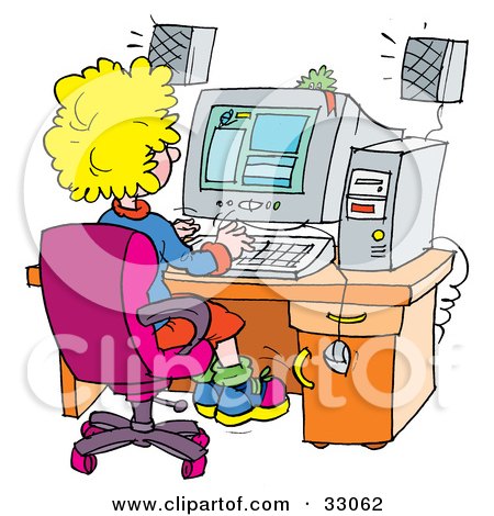 Clipart Illustration of a School Girl Using A Computer In A School Lab by Alex Bannykh