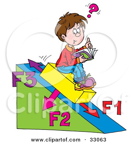 Clipart Illustration of a School Boy Sitting On A Slanted Triangle, Doing His Math Homework by Alex Bannykh