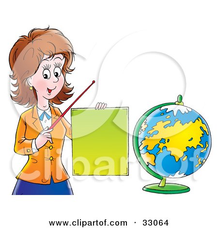 Clipart Illustration of a Friendly Female Teacher Holding A Blank Sign And Pointer Stick And Standing By A Globe by Alex Bannykh