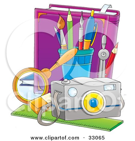 Clipart Illustration of a Camera By A Cup Of Pens With An Eraser, Ruler And Magnifying Glass In Front Of A Purple Book by Alex Bannykh