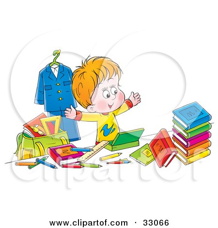 Clipart Illustration of a Happy School Boy Surrounded  By His School Stuff by Alex Bannykh