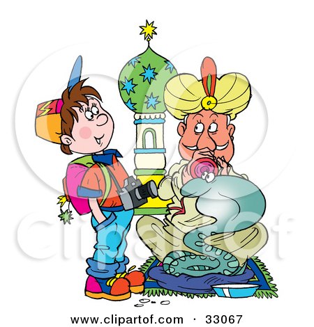 Clipart Illustration of a School Boy With A Camera Watching A Snake Charmer by Alex Bannykh