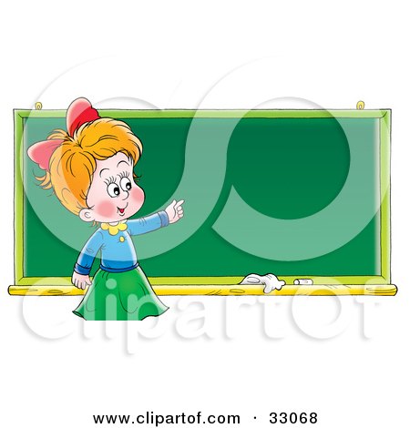 Clipart Illustration of a Smart School Girl Standing In Front Of And Pointing To A Blank Chalk Board by Alex Bannykh