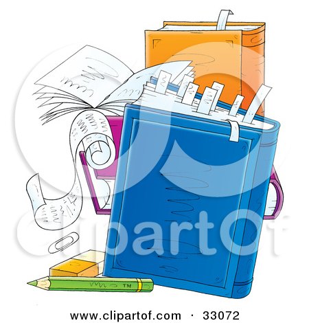 Clipart Illustration of a Group Of Teacher's Notes And Books With Tabbed Pages, An Eraser And Pencil by Alex Bannykh