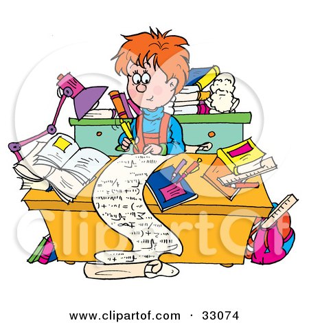 Clipart Illustration of a Smart School Boy Writing A Long Story At A Desk by Alex Bannykh
