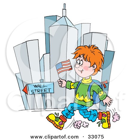 Clipart Illustration of a School Boy Running Down Wall Street With A Flag by Alex Bannykh
