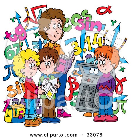 Clipart Illustration of a Female Math Teacher And Students With A Calculator And Numbers by Alex Bannykh