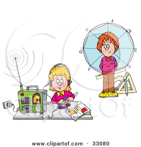 Clipart Illustration of a Boy Standing In Front Of A Circle And Girl Listening To A Radio by Alex Bannykh