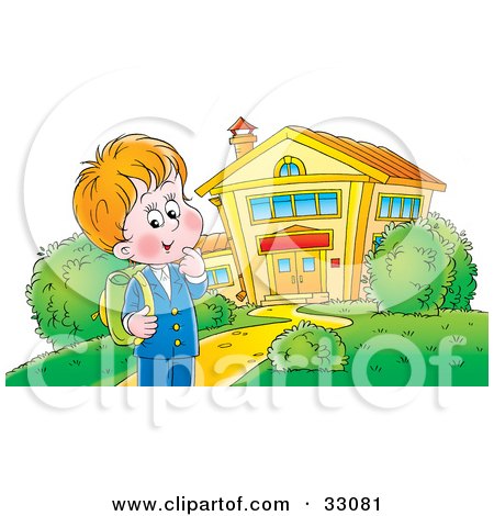Clipart Illustration of a Happy School Boy Standing Outside A Building by Alex Bannykh