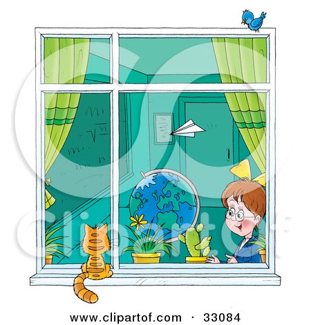 Clipart Illustration of a Paper Plane Flying Past A School Girl In A Classroom As She Looks Out A Window At A Cat by Alex Bannykh