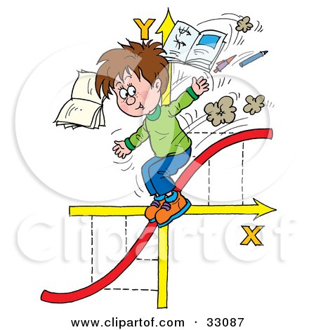 Clipart Illustration of a School Boy Riding Down A Red Line On Arrows, Tossing Books And Pens by Alex Bannykh