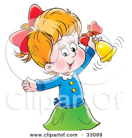 Clipart Illustration of a Cute Little Girl Ringing A Golden Bell by Alex Bannykh