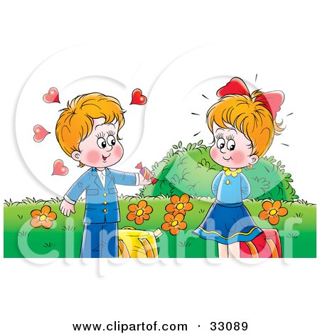 Clipart Illustration of a Cute Little Boy Giving Candy To A Girl He Has A Crush On by Alex Bannykh