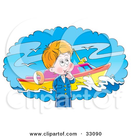Clipart Illustration of a Little Boy Day Dreaming Of A Boat Out At Sea by Alex Bannykh