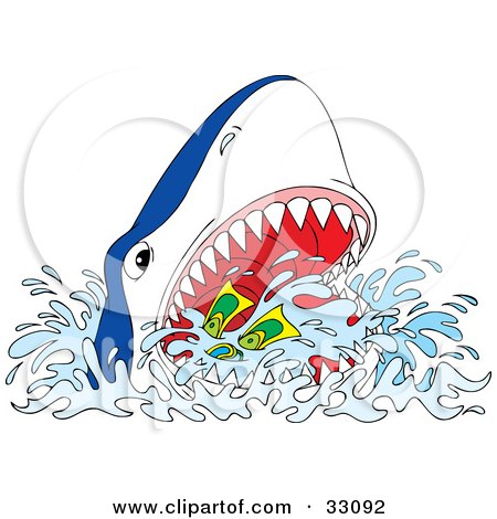 Clipart Illustration of a Hungry Shark Swallowing A Scuba Diver Or Snorkeler by Alex Bannykh