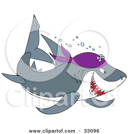 Clipart Illustration of a Gray And White Pirate Shark Swimming With Bubbles by Alex Bannykh