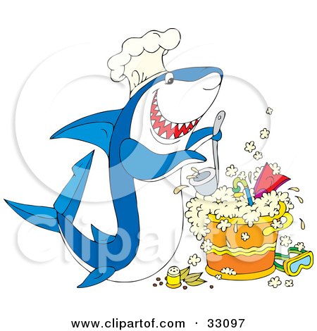 Clipart Illustration of a Hungry White And Blue Shark Wearing A Chef Hat, Cooking Up A Pot Of Scuba Stew by Alex Bannykh