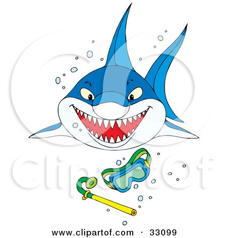 Clipart Illustration of a Shark Swimming Through Bubbles Toward Sinking Snorkel Gear by Alex Bannykh