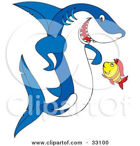 Clipart Illustration of a Yellow Fish Looking Up While Taking To A Blue And White Shark by Alex Bannykh