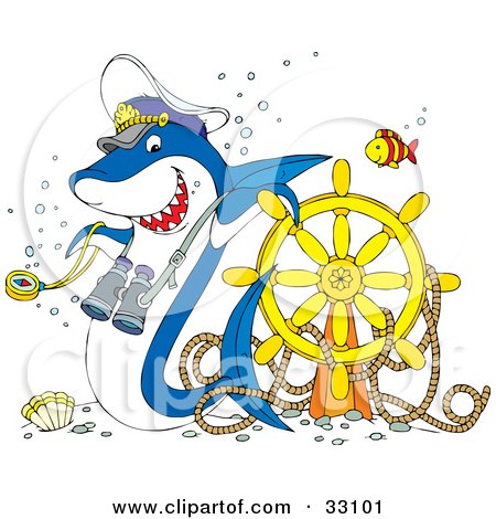 Clipart Illustration of a Fish Near A Shark Captain Leaning On A Sunken Ship's Helm by Alex Bannykh